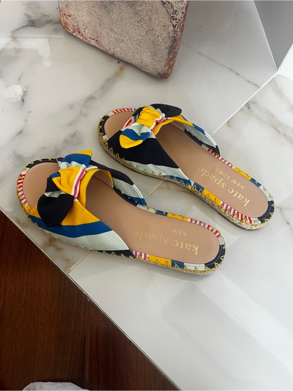 kate spade Multicolor Knotted Slide Mules - Yellow, Blue, Black